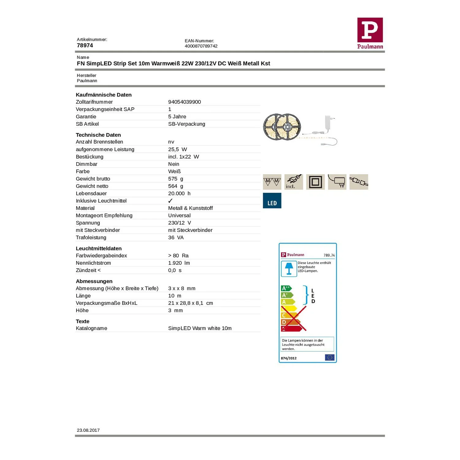 Paulmann LED FN SimpLED Strip 10 M 1 X 22 W 3'000 K 1 Paulmann LED FN SimpLED Strip 10 M 1 X 22 W 3'000 K
