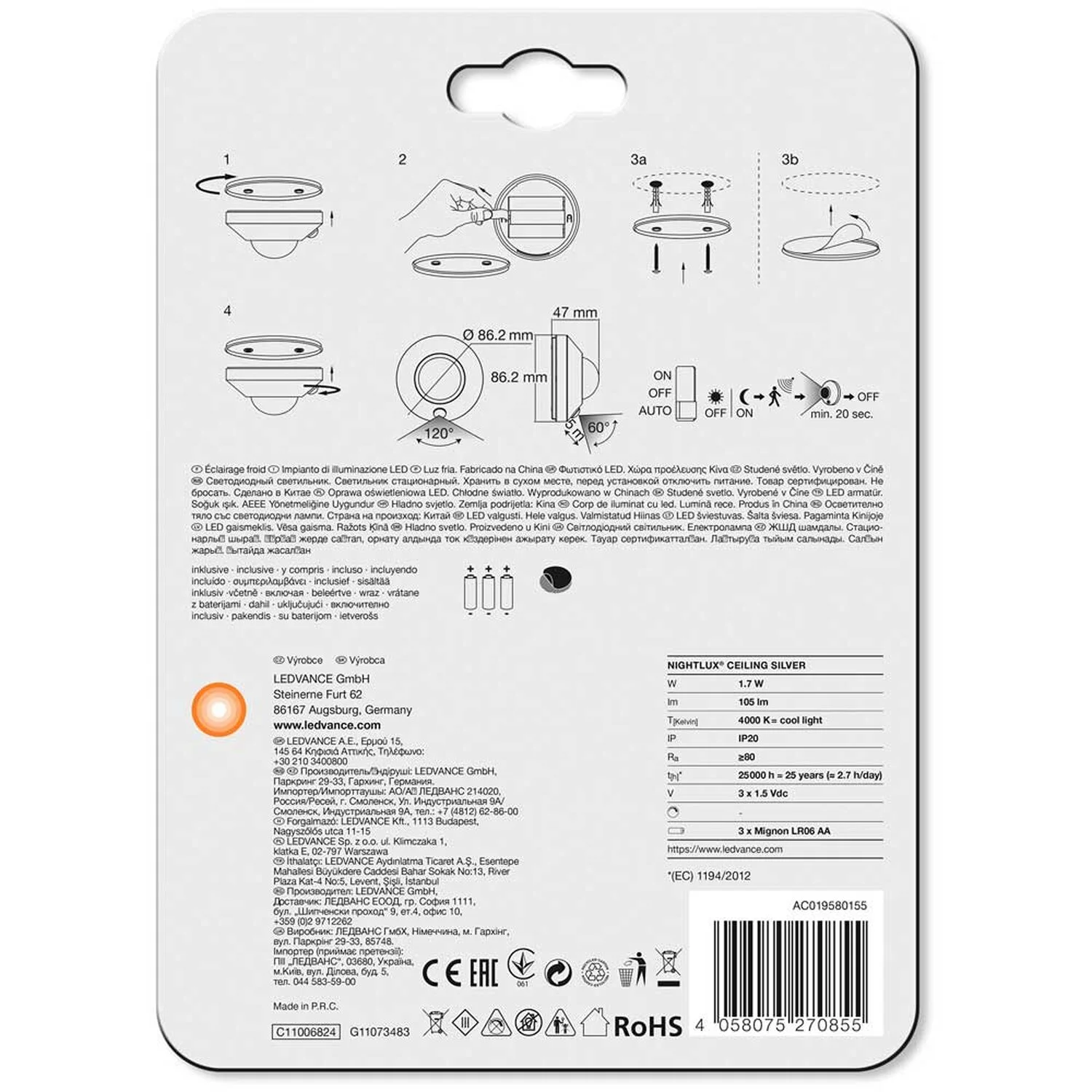 Ledvance LED-Nachtlicht Nightlux Ceiling Silver Kaltweiss Bewegungssensor Tag-Na 4 Ledvance LED-Nachtlicht Nightlux Ceiling Silver Kaltweiss Bewegungssensor Tag-Na – Bild 4