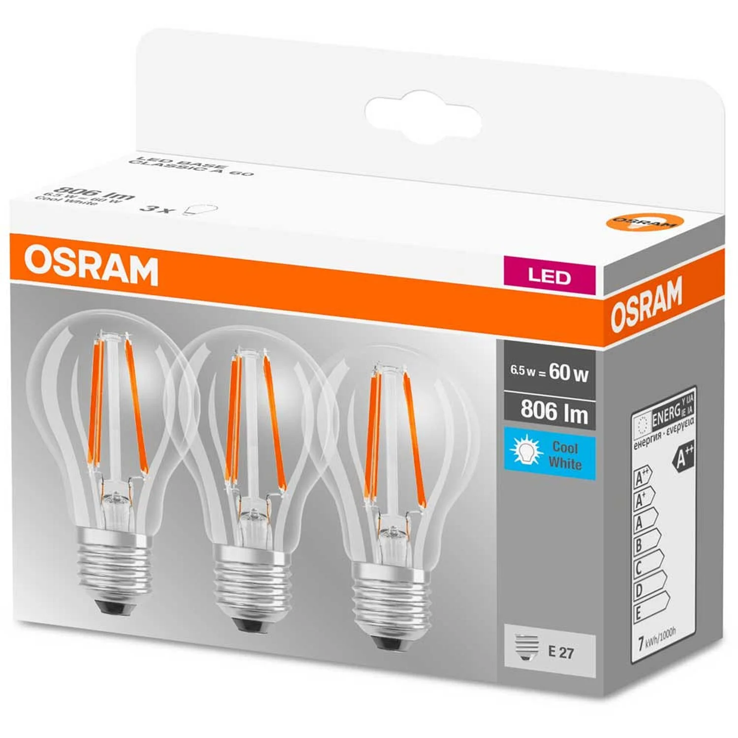 Osram LED-Leuchtmittel Base Glühlampenform Filament E27 Kaltweiss 60W 806lm 3er- 6 Osram LED-Leuchtmittel Base Glühlampenform Filament E27 Kaltweiss 60W 806lm 3er- – Bild 6