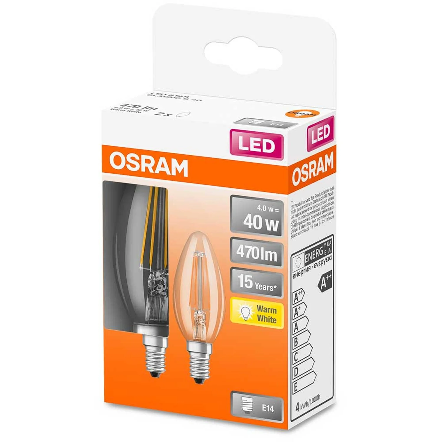 Osram LED-Leuchtmittel Kerzenform Filament E14 Warmweiss 40W 470lm 2er-Pack 4 Osram LED-Leuchtmittel Kerzenform Filament E14 Warmweiss 40W 470lm 2er-Pack – Bild 4