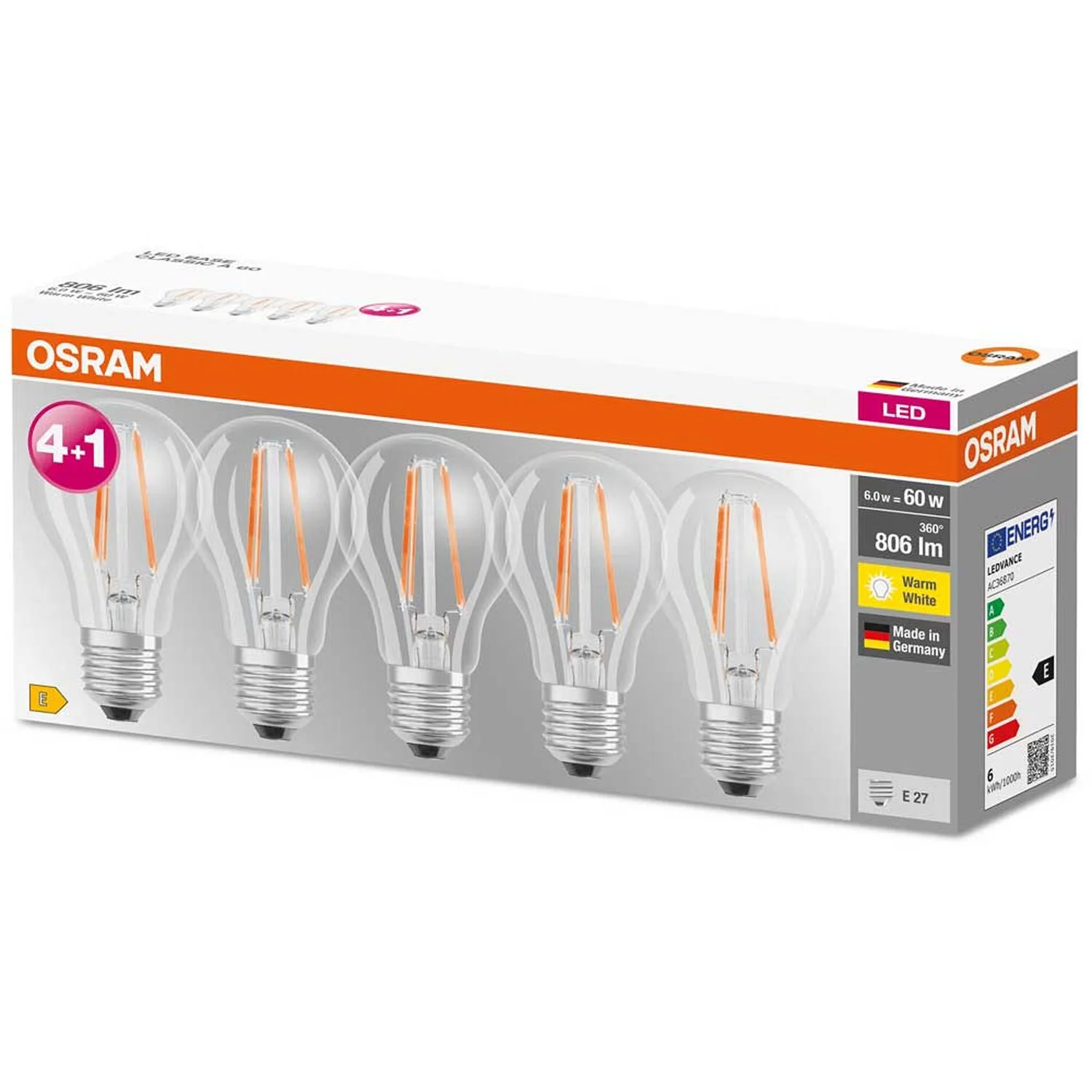 Osram LED-Leuchtmittel Base Filament A E27 / 6 W / 806 Lm / 5 Stk. 5 Osram LED-Leuchtmittel Base Filament A E27 / 6 W / 806 Lm / 5 Stk. – Bild 5