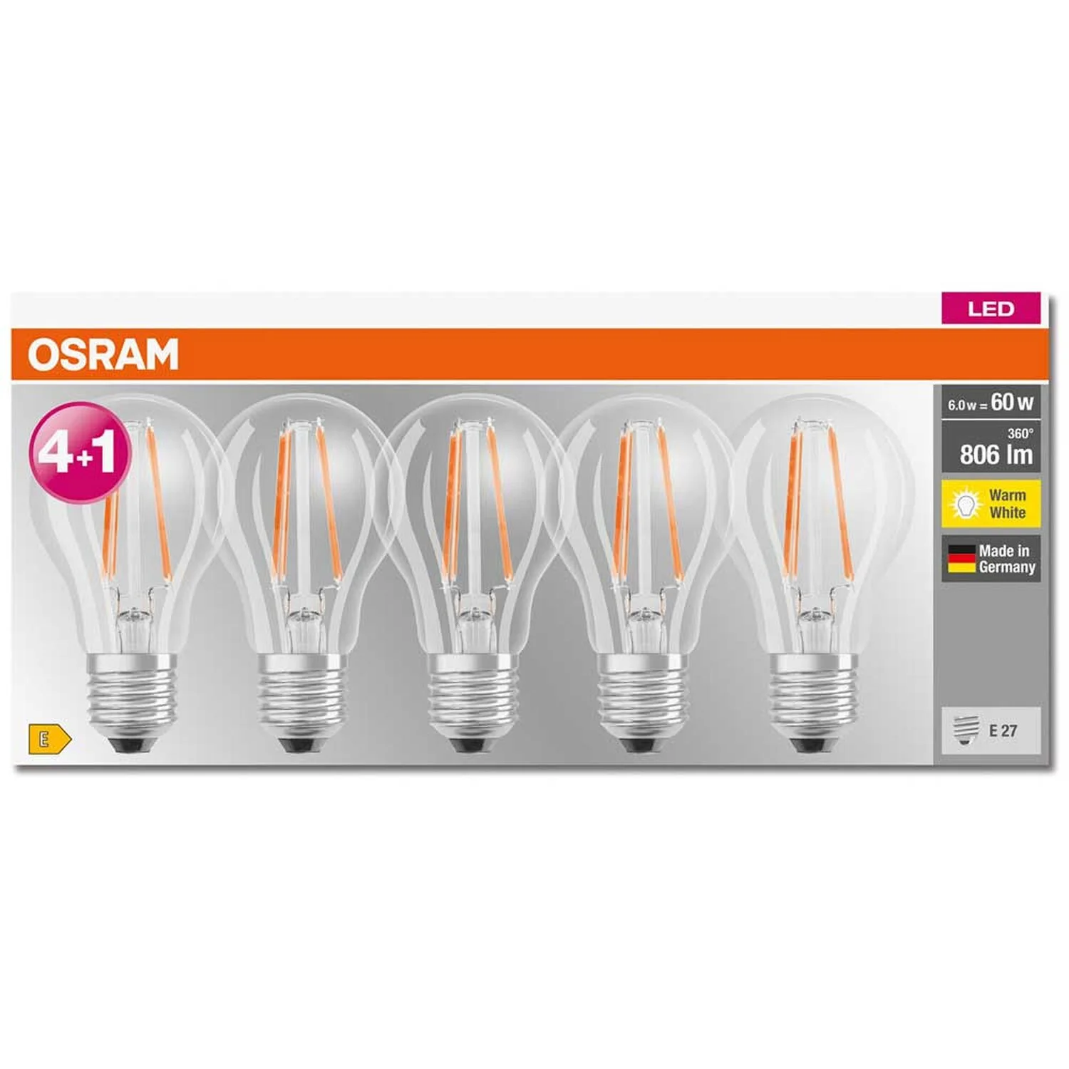 Osram LED-Leuchtmittel Base Filament A E27 / 6 W / 806 Lm / 5 Stk. 6 Osram LED-Leuchtmittel Base Filament A E27 / 6 W / 806 Lm / 5 Stk. – Bild 6